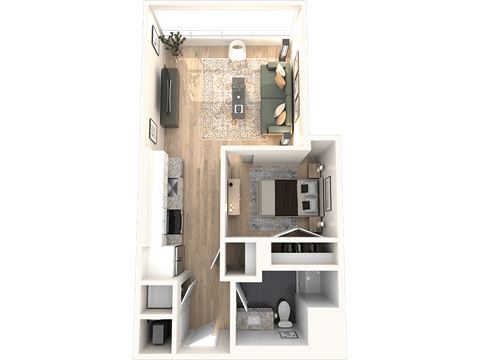 Floor plan for 1 bed, 1 bath, 608 sqft